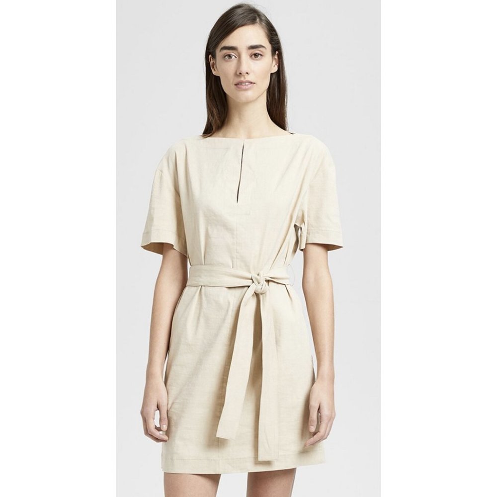 THEORY Organic Crunch Linen Belted Shift Dress Light Wheat - Size 00 - Picture 1 of 16